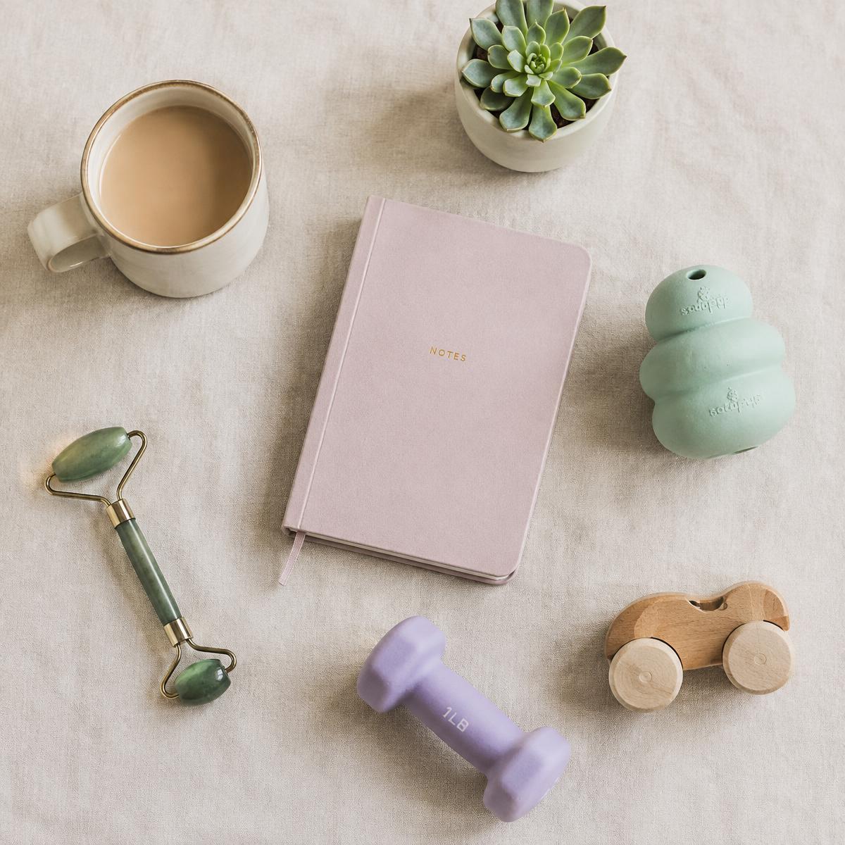 Composição de achados: caneca, caderno, rolo facial, brinquedo pet, halter e brinquedo de madeira